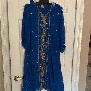 Blue Embroidered Indian Dress with pants with Gold Accents